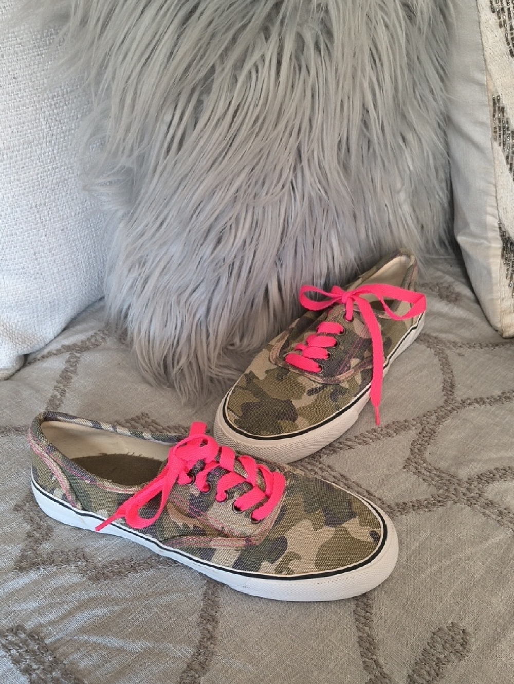 Women’s Camo Canvas Sneakers with Neon Pink Laces